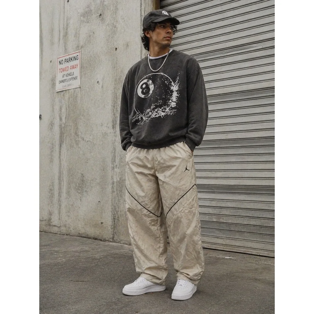 Nike Jordan Jumpman AOP Track Pants Mens M Beige Cream Wide Leg Adjustable Hem‎